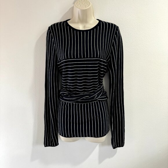 Lewit Sweater Shirt Size 1 - US S / M 100% Merino Wool Black White Stripe Belted - Picture 1 of 8